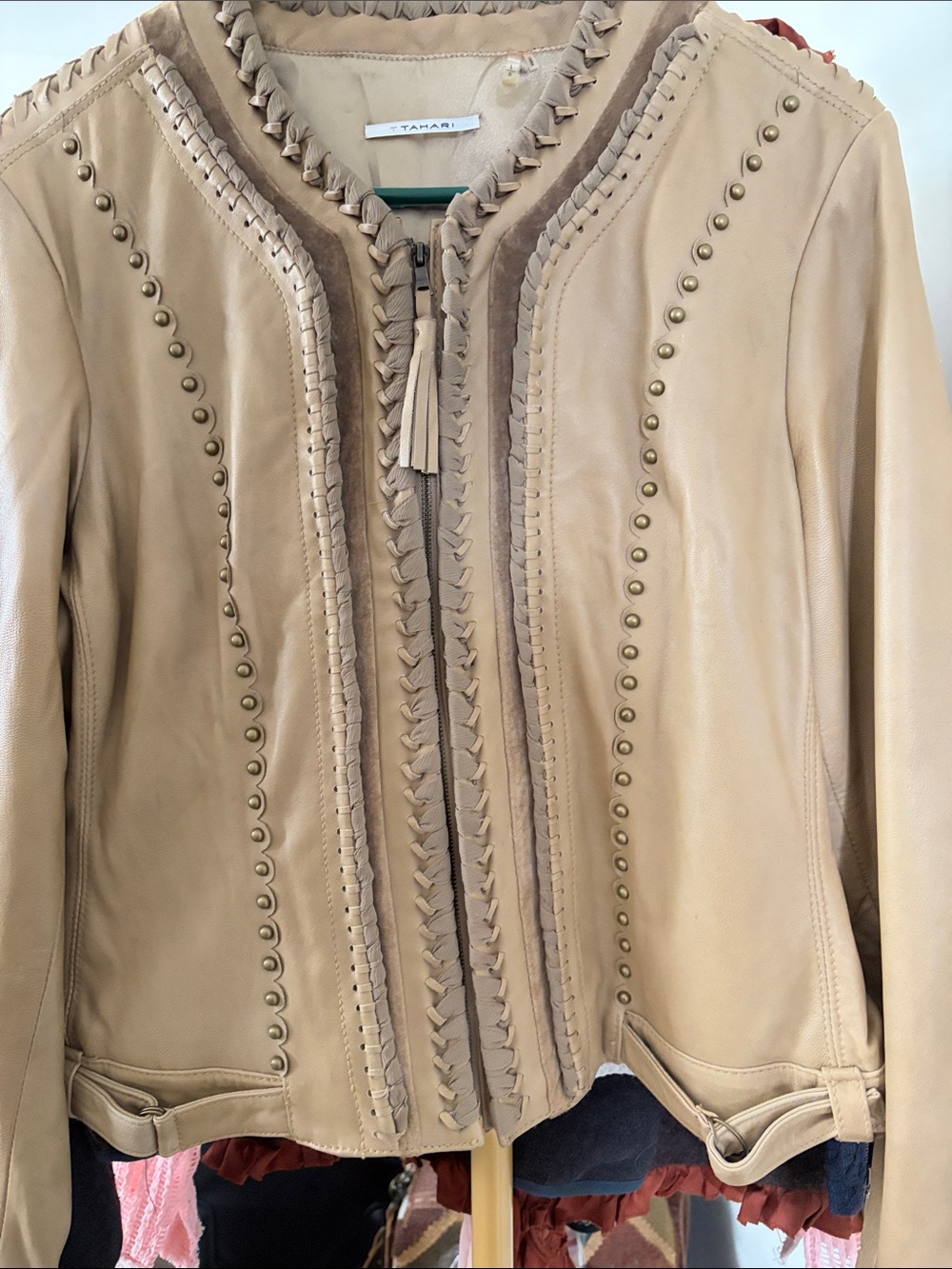 T Tahari Beige Braided-Trim Leather Jacket